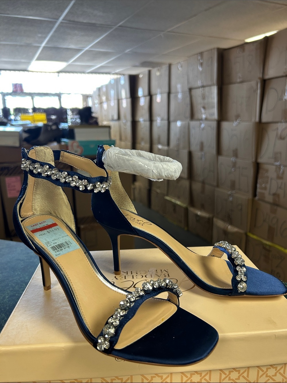 Jewel Badgley Mischka Navy Satin Crystal-Strap Heels